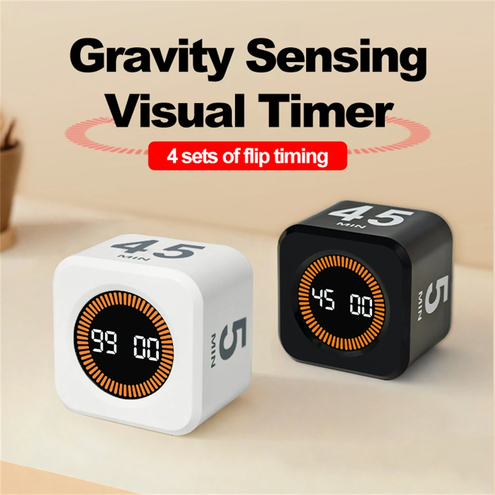 Visual Timer Productivity Cube Timer Gravity Sensor LED Display 4 Preset Time Kids Time Management Kitchen Countdown Timer