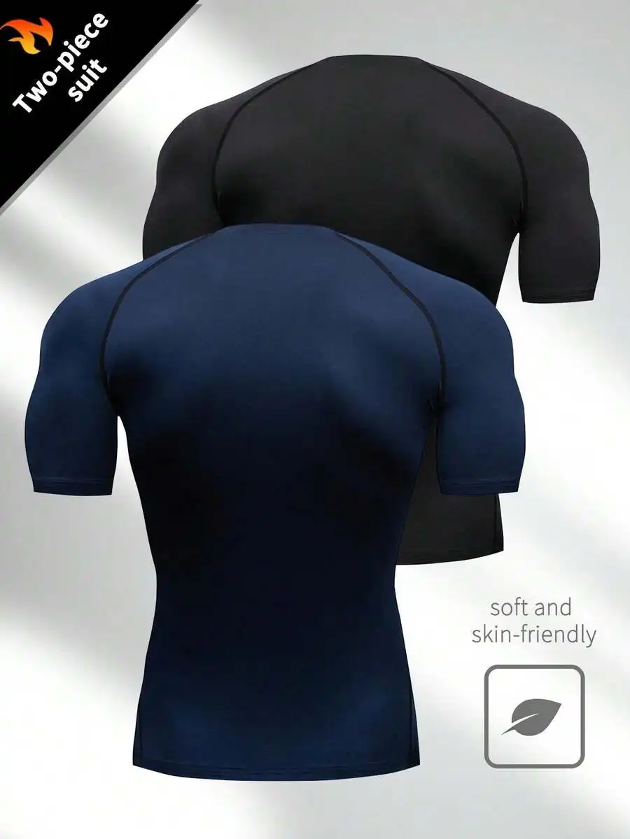

2pcs Mens High Stretch Quick-Dry Tight-Fitting Short Sleeve Sports Training T-Shirts
