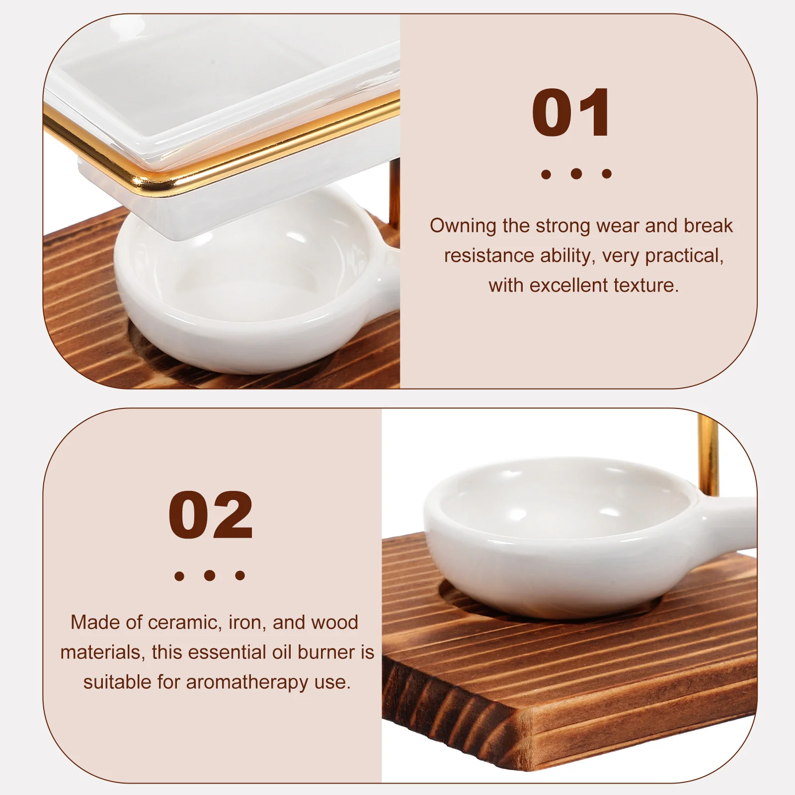 

1Set Wood Base Essential Oil Burner Ceramic Wax Warmer Iron Frame Aromatherapy Diffuser Tealight Holder Scented Wax Melt