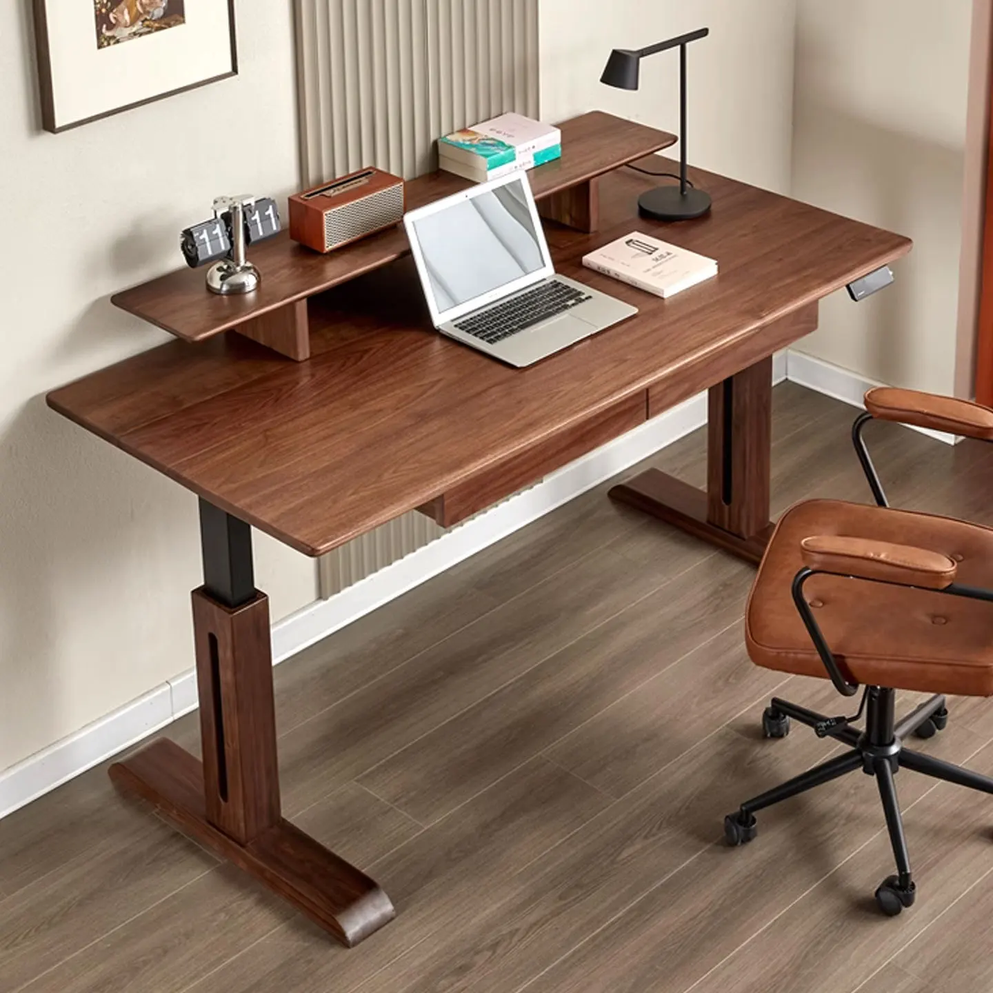 Wooden lifting table, office standing double motor with drawers, intelligent electric workbench study table