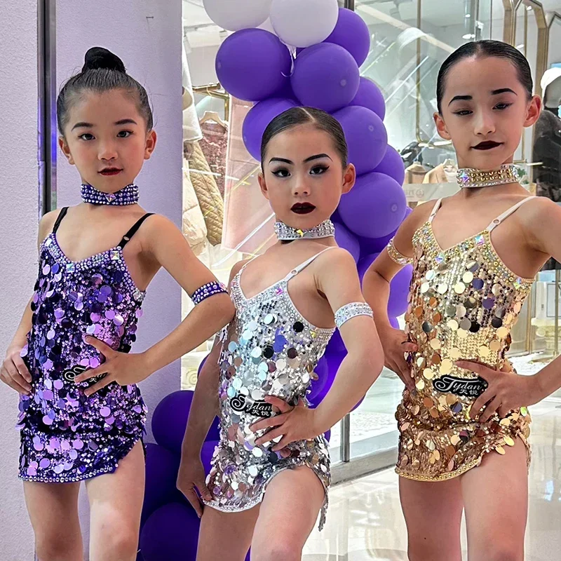 Girls Competition Dress Purple Gold Silver Sequin Dress Cha Cha Rumba Samba Performance Wear Children Latin Dance Dress