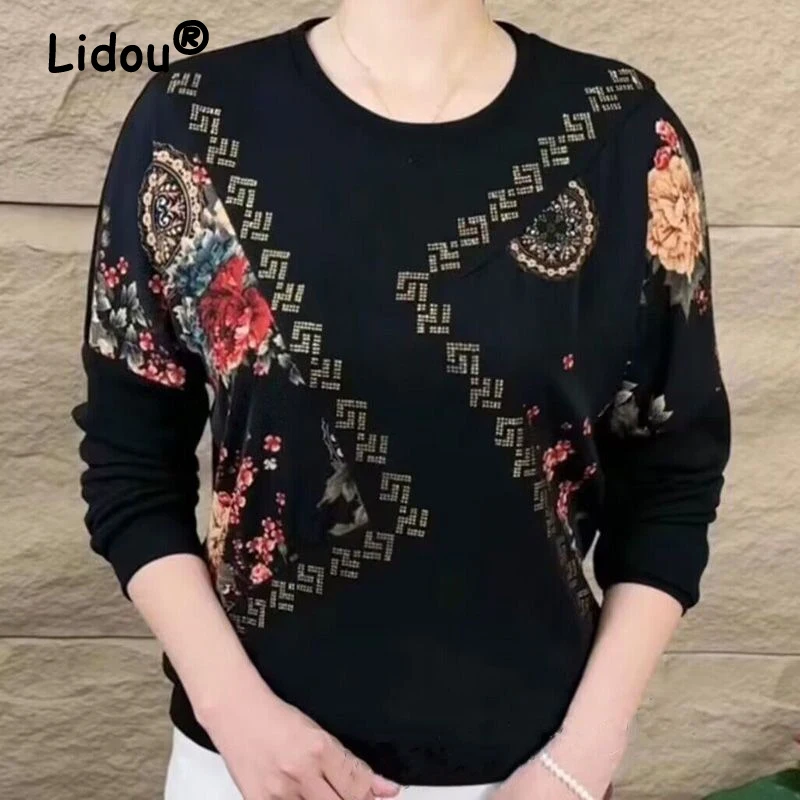 Middle-aged Women Vintage Stylish Floral Print Rhinestone All Match T-shirts Ladies O Neck Long Sleeve Loose Tops Ropa De Mujer