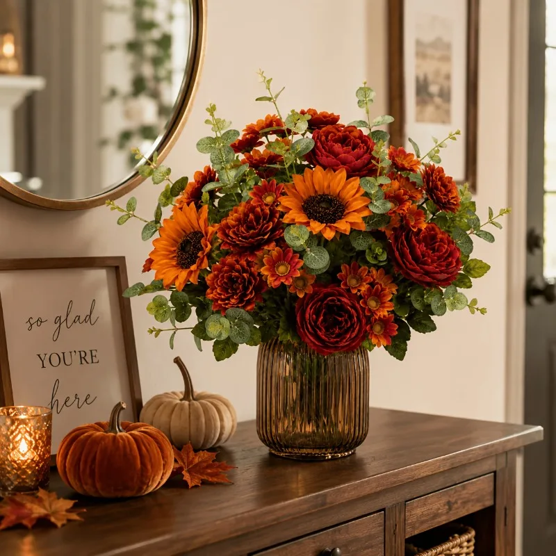 Bouquet de 11 tournesols artificiels d'automne, fleurs artificielles orange et rouges mélangées avec des marguerites et de l'eucalyptus, pour Thanksgiving, la maison et les mariages