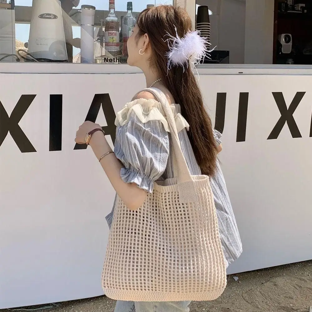 

Elegant Hollow Out Knitting Shoulder Bag Large Capacity Simple Mesh Beach Tote Bag Spacious Soft Solid Color Woven Bag For Girls