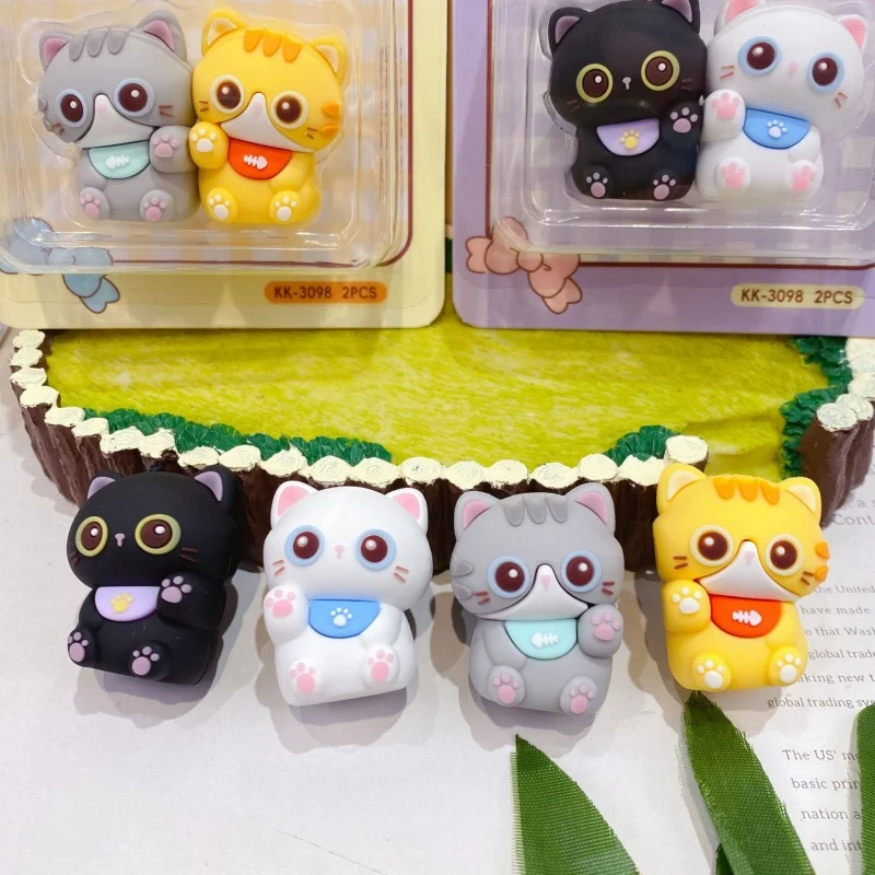 12 set/lot Kawaii Cat Pencil Sharpener Eraser Set Cute Hand Mechanical Cutter Knife Stationery Gift School Supplies