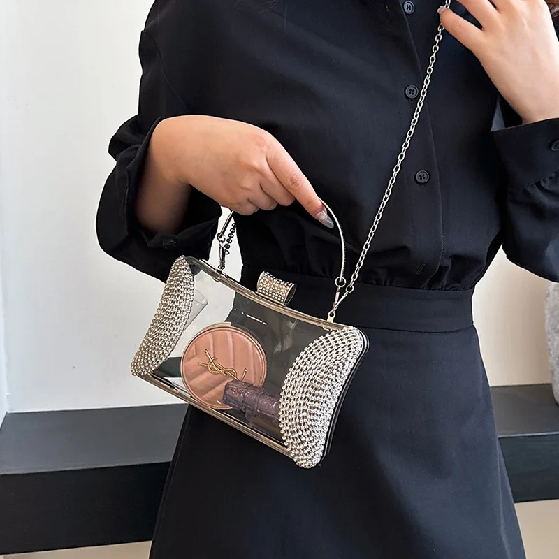 PVC Transparent Shoulder Crossbody Bag Rhinestone Thick Chain Ladies Small Purse and Handbags Fashion Jelly Summer Beach Totes
