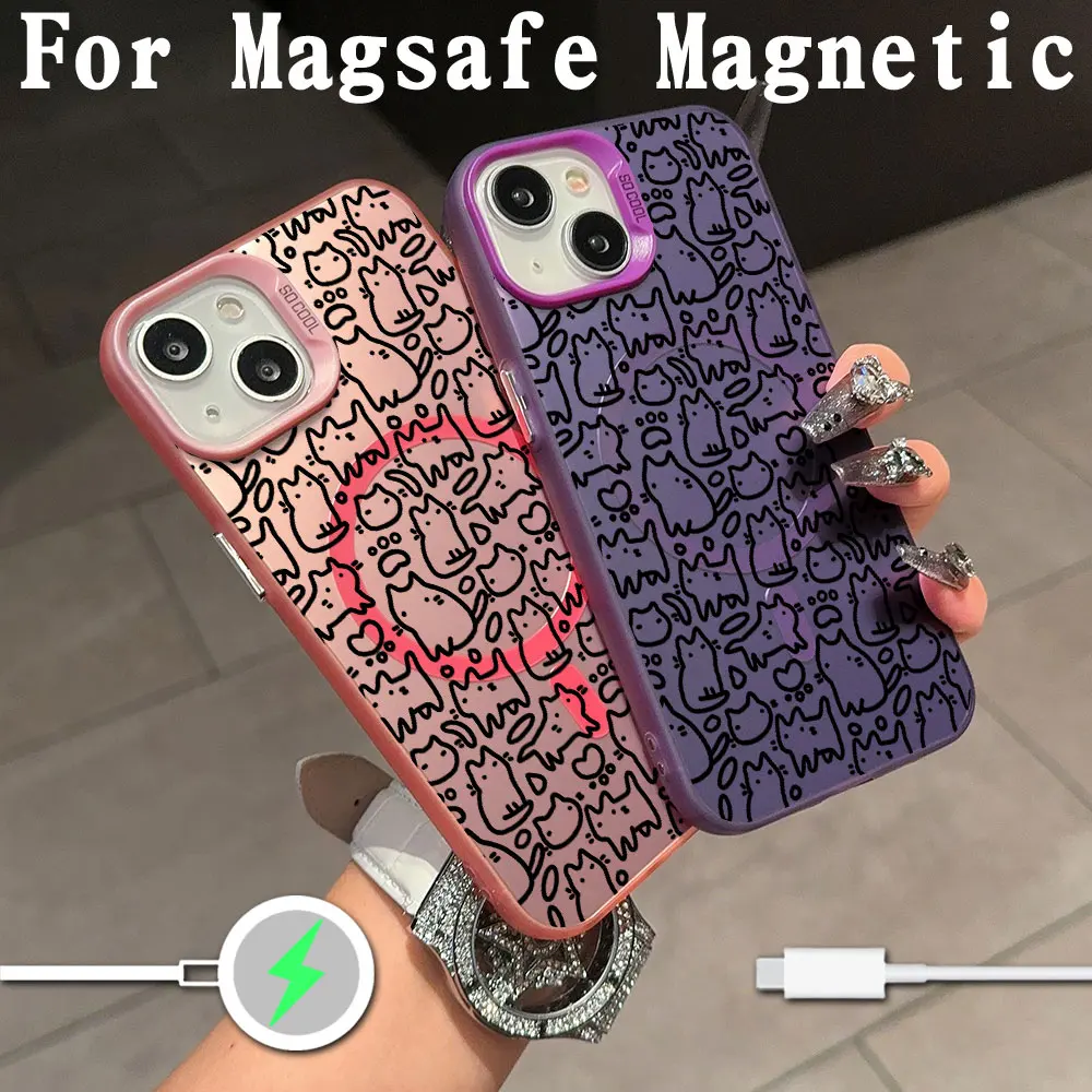 Cute Black Cat Full Screen Kitten Magsafe Magnetic Phone Case for IPhone 11 12 13 14 15 16 Pro Max Plus Silver Plated Cover