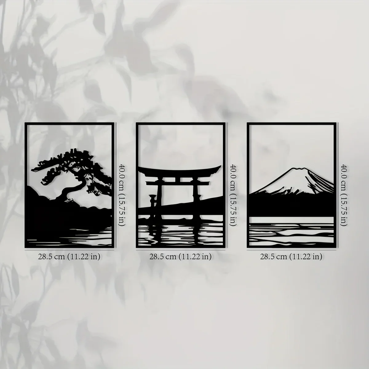 1pc torii gate, and majestic Mt. Fuji in elegant, minimalist black-and-white silhouettes a 3-piece set featuring serene bonsai