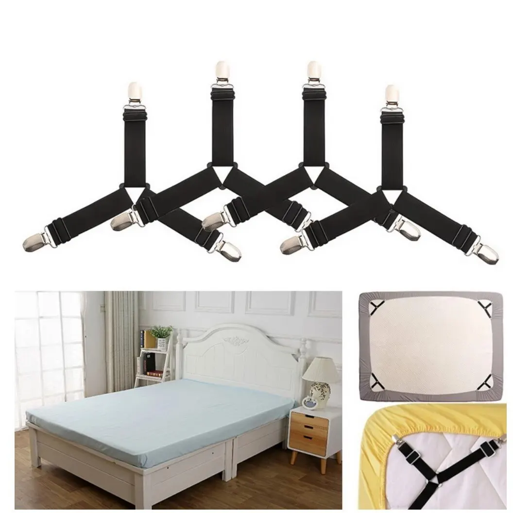 4pcs Adjustable Bed Sheet Fasteners Straps Elastic Mattress Cover Corner Holder Clip Grippers Suspender Cord Hook Loop Clasps