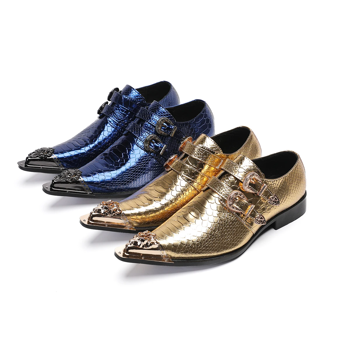 

Men's pointed leather shoes, fashionable metal decoration, gold trendy buckle, men's shoes, banquet stage