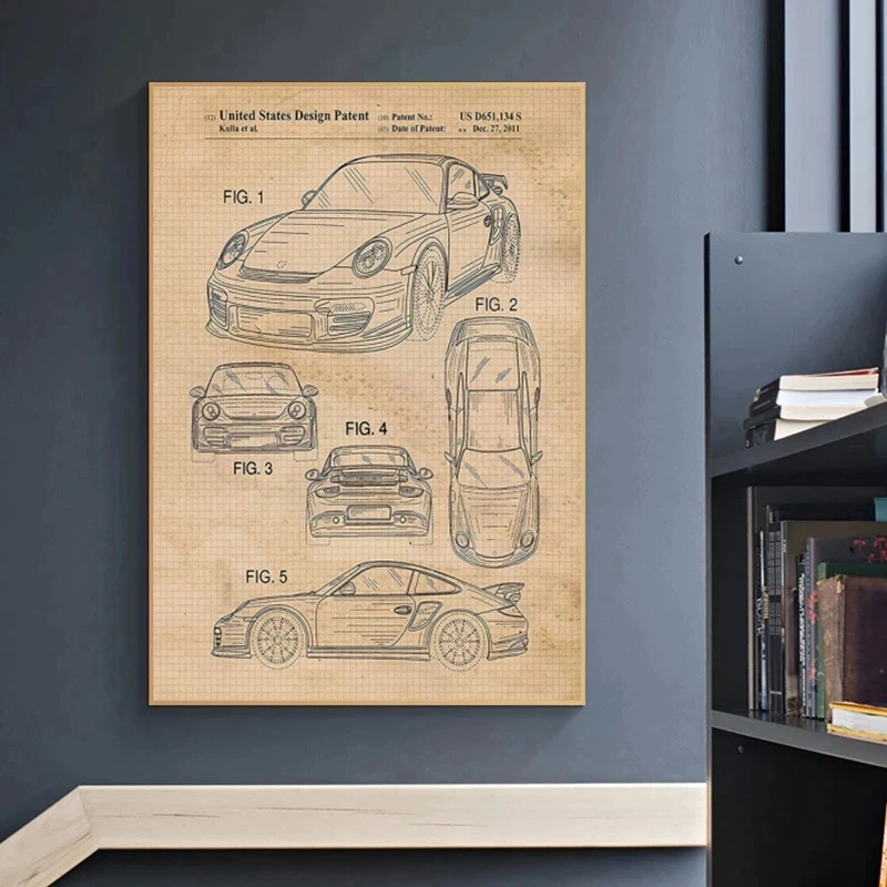 Vintage Pors-che 911 Convertible 1990 Patent Sports Car Wall Blueprint Poster Canvas Painting Print Wall Decor Living Home Art