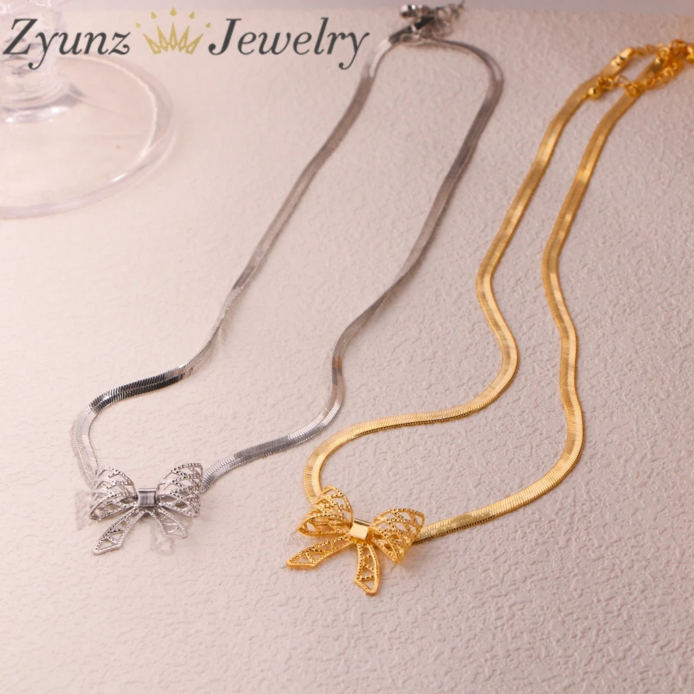 10PCS, New Trendy Bowknot Gold Plated Snake Chain Necklace For Women Elegant Design Charms Choker Jewelry Gifts