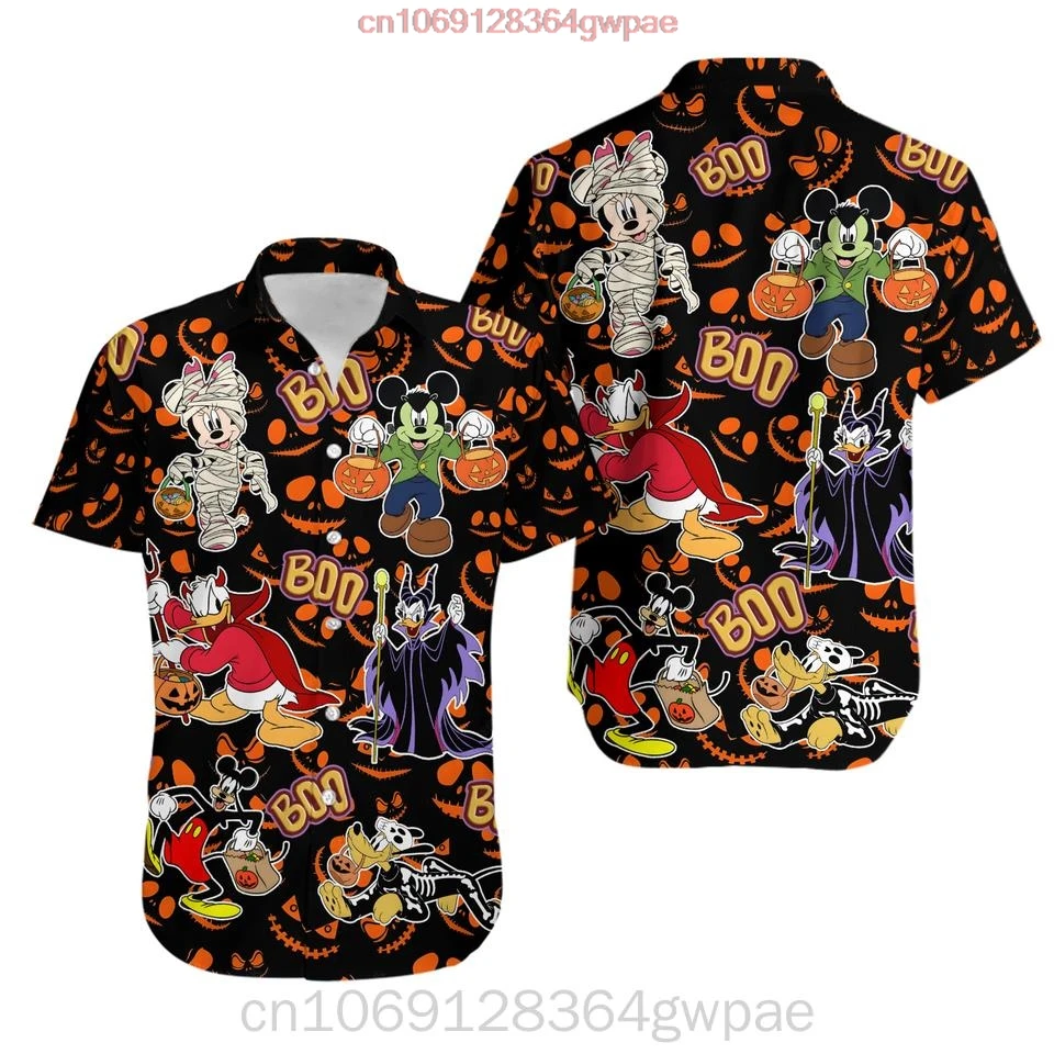 Mickey Minnie And Friends Halloween Hawaiian Shirt Men's Womens Summer Short Sleeve Button Shirts Disney Casual Beach Shirt Tops