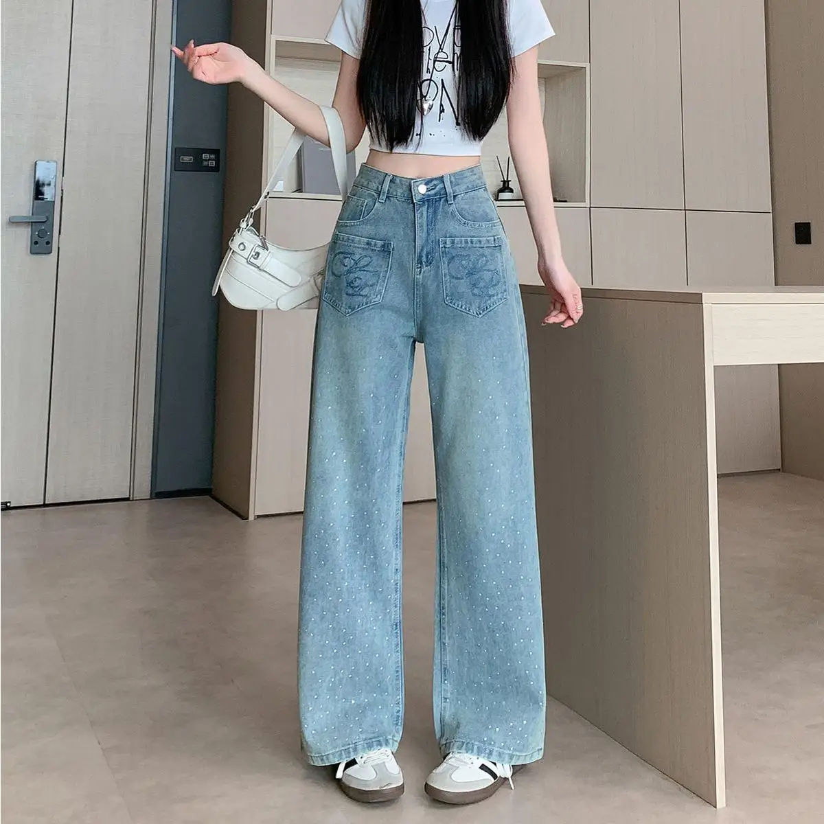 

American Retro Rhinestone Denim Jeans High Waist Loose Straight Leg Long Trousers for Women Summer New Style Casual Blue