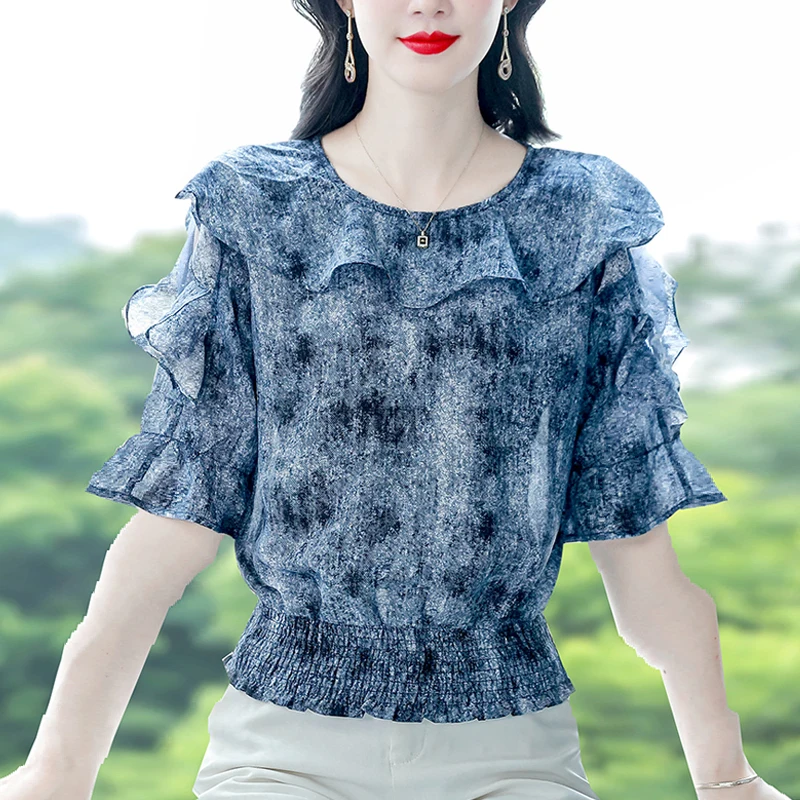 

Элегантные модные женские топы с принтом в стиле пэчворк, рубашка с оборками и рукавами 3/4, летняя короткая шифоновая блузка