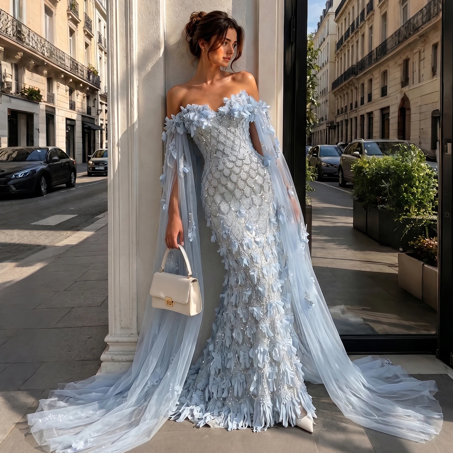 Sharon Said Luxury Blue Tulle Evening Dress Sweetheart 3D Floral Petal Long Cape Sleeve Formal Occasion Party Gowns SS441 Custom