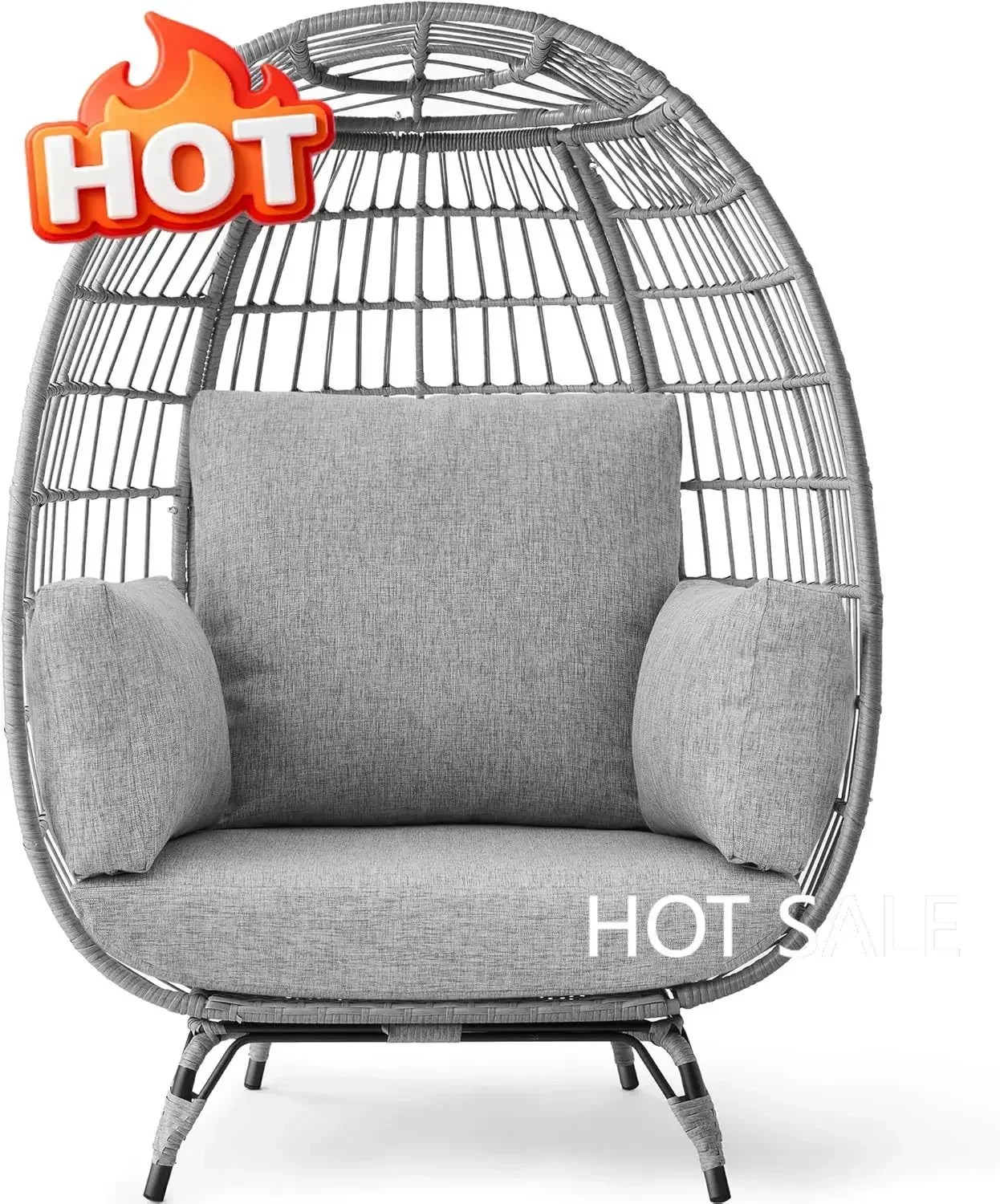 Wicker Egg Chair, Oversized Indoor Outdoor Lounger for Patio, Backyard, Living Room w/ 4 Cushions, Steel Frame, 440lb Capacity -