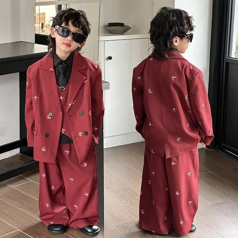 Children Suit Set Spring Fashion Embroidered Jacket Vest Pants 3pcs Boys Wedding Blazer Black Formal Girls Performance Outfits