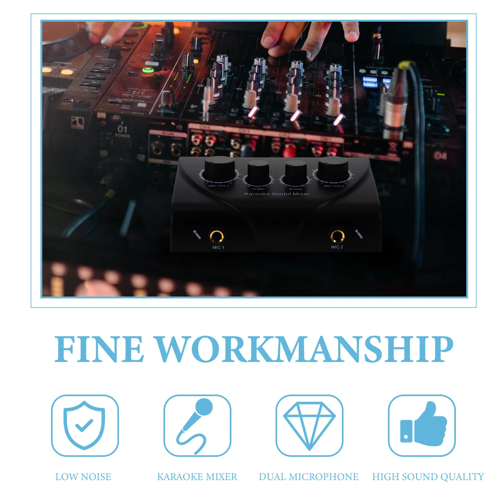 

1Set Karaoke Mixer Professional Audio Ktv Stereo Line Dual Microphone Input Low Noise Sound Mixer for Stage Home Family Party