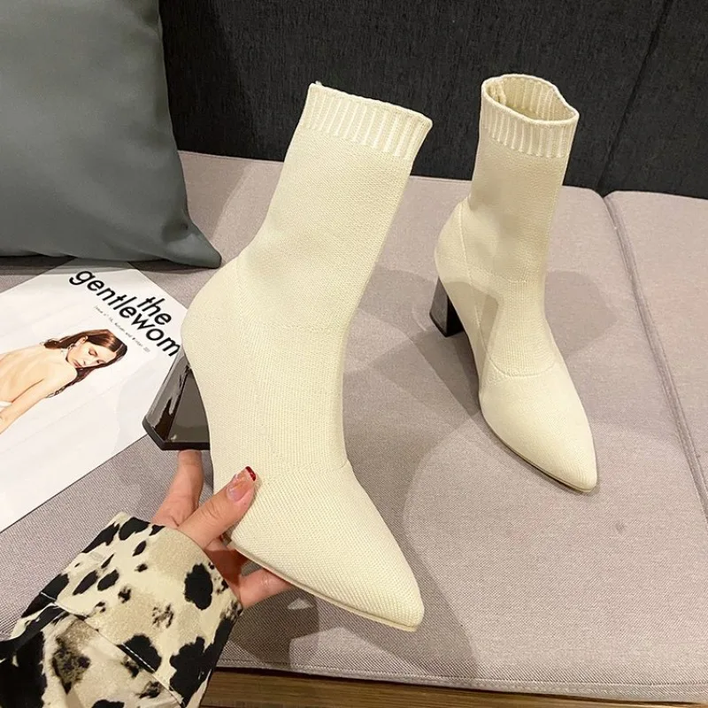 

Women's Boots 2026 New Fashion Pointed Soft Knitted Casual Comfortable Shoes Knitted Stretch Fabric Socks Women Low Heel Short