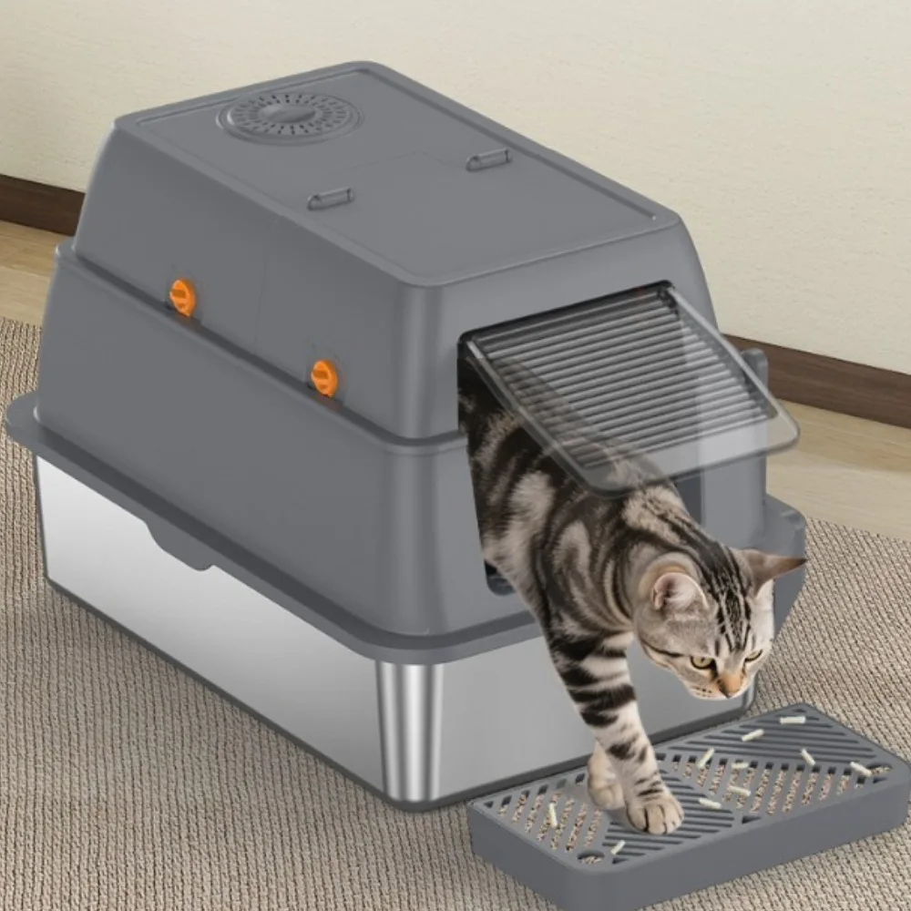 

Flip Up Stainless Steel Cat Litter Box Fully Enclosed Oversized Cat Toilet Splash Proof Detachable Semi Enclosed Cat Litter Box