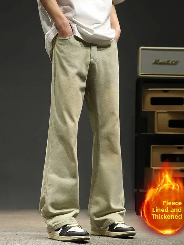 

American Retro Fleece Lined Thickened Micro Flared Jeans Men Winter Warm Loose Straight Casual Long Pants Men's Blue Jeans