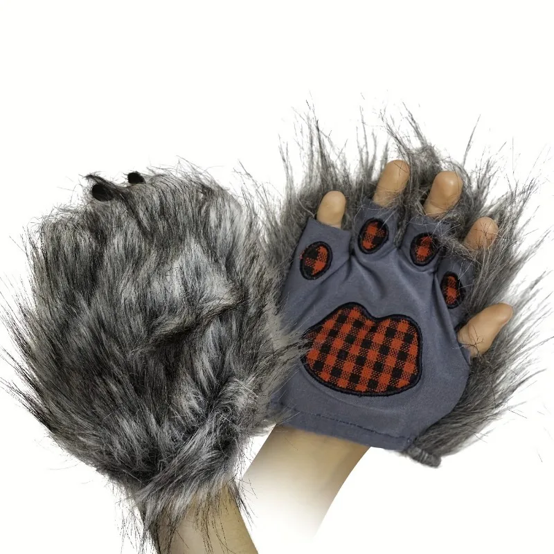 2PCS/SET Halloween Accessory Set Glove Wolf Paw Polyester Grey Furry Wolf Paw Glove Finger‑Exposed Costume Ball Role‑Play Glove