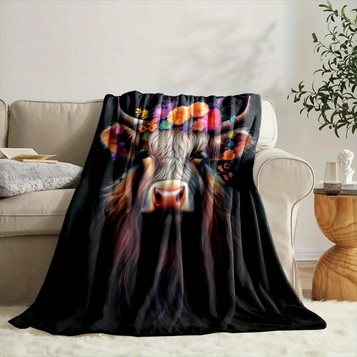 بطانية من الفلانيل بنمط زهور البقرة المرتفعات الكرتونية - ناعمة ودافئة، مثالية للديكور المنزلي أو الفراش أو التخييم أو السفر أو عيد الميلاد #3