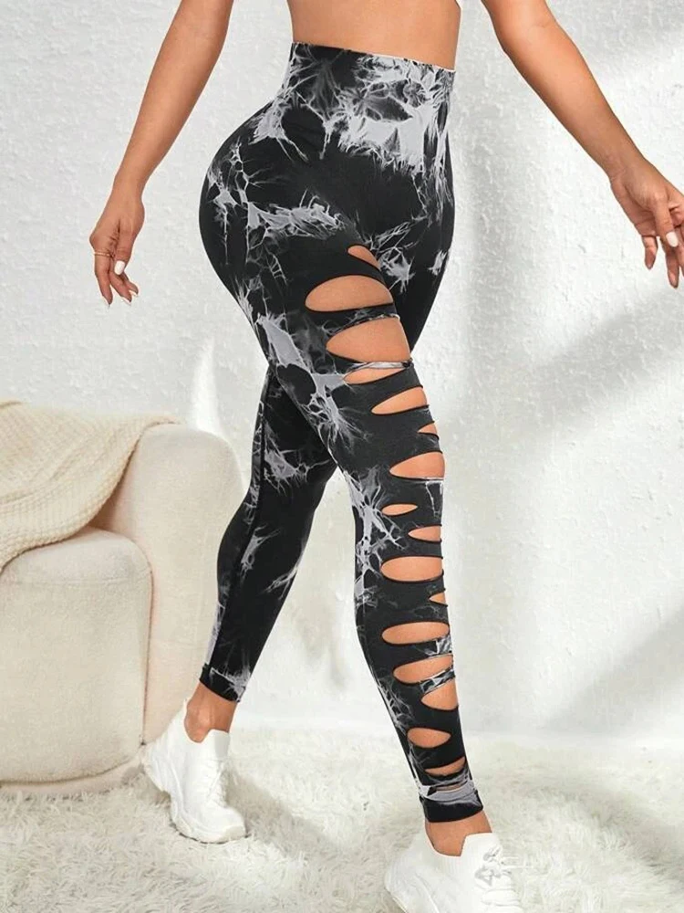 Pantalones de Yoga ahuecados Tie-dye, Leggings sexys de cintura alta, elásticos, realce de glúteos, ropa de entrenamiento para trotar y gimnasio