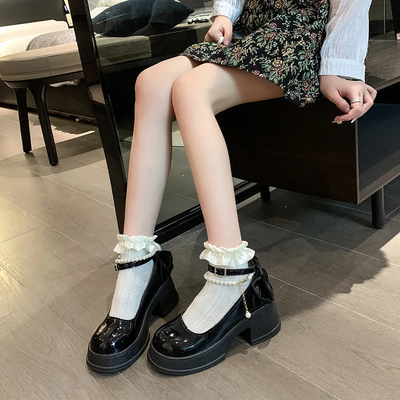 أحذية نسائية بإبزيم لؤلؤي أحذية ماري جين بمقدمة مستديرة أحذية كاجوال ضحلة بفيونكة عصرية بكعب عالٍ حذاء جلدي ذو نعل سميك #2