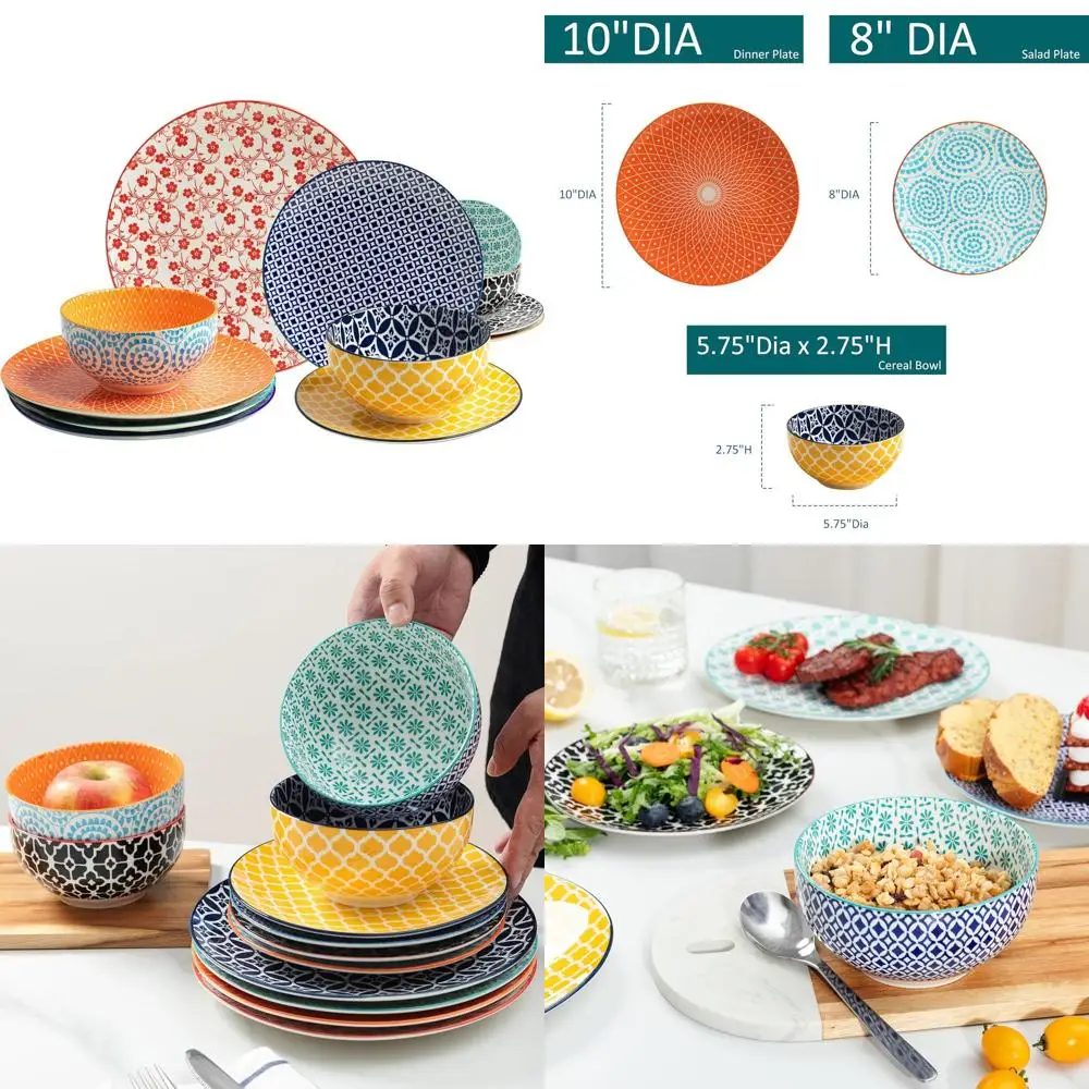 

12-Piece Porcelain Dinnerware Set, Round Plates and Bowls, Safe for Microwave and Dishwasher, Assorted Colors