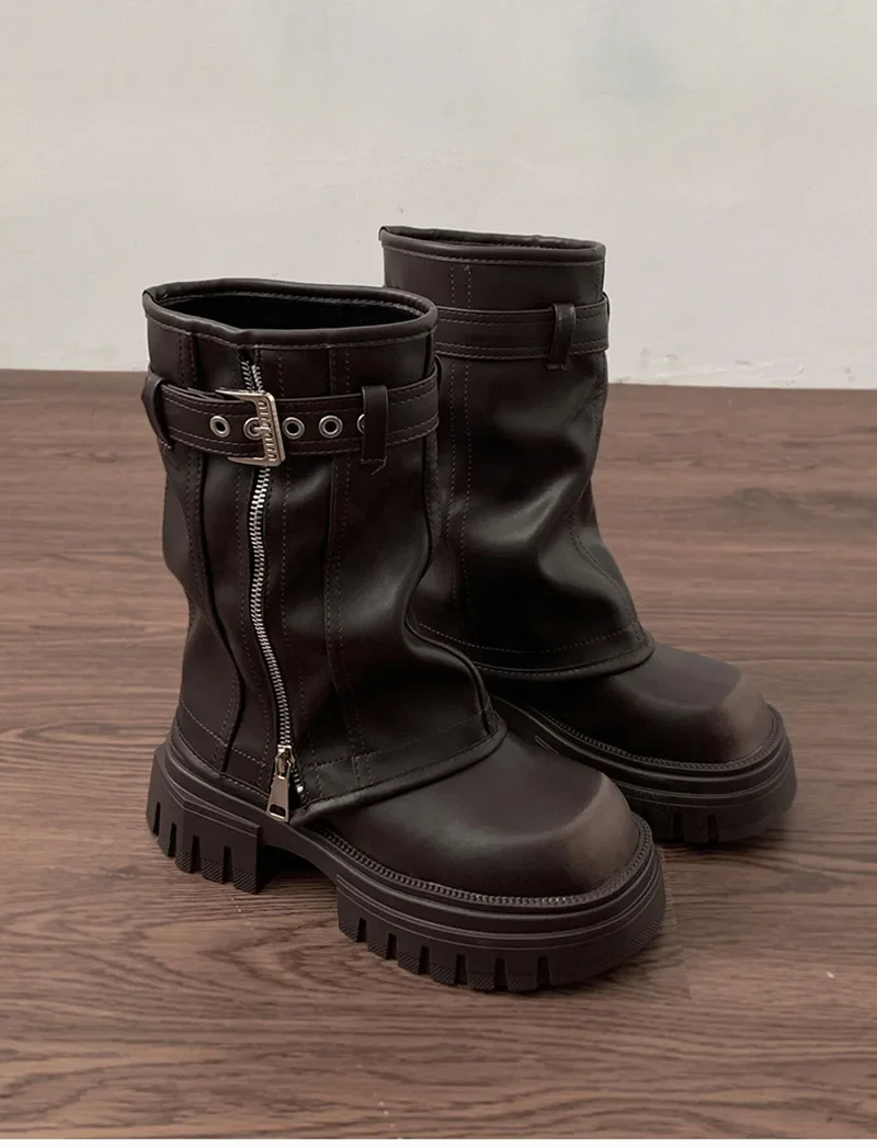 Winter Damen Biker Stiefel Mode Gürtelschnalle Elegante Plateau Flache Kurze Stiefeletten Lässige Damen Ritterstiefeletten – Detail 13