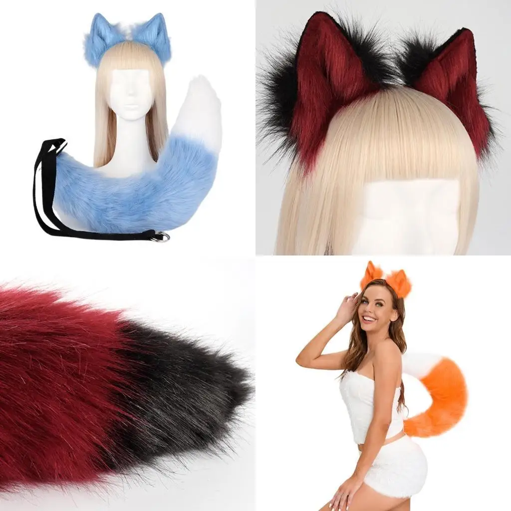 

R1WE for Cat Ears and Tail Set Plush Furry Animal Ears Headband Halloween Party Costu