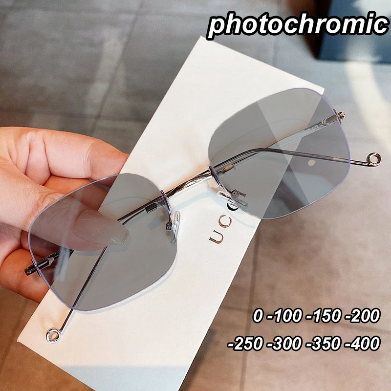 

Intelligent Photochromic Myopia Glasses Fashion Women Men Ultralight Rimless Eyeglasses Finished Optical Near Sighted Eyewear