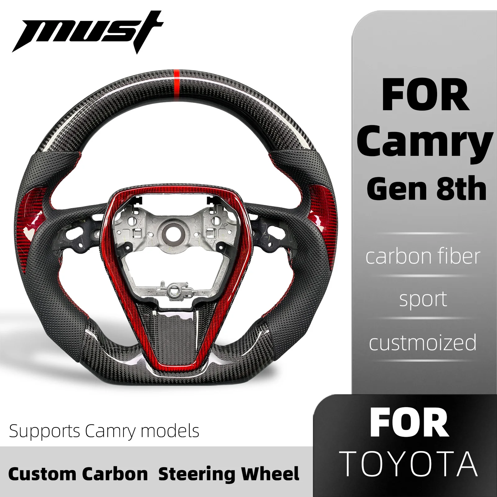 Sport Style Toyota Camry Gen 8th 2018-2023 Customized Carbon Fiber Steering Wheel TRD GR Perforated Leather LED Display