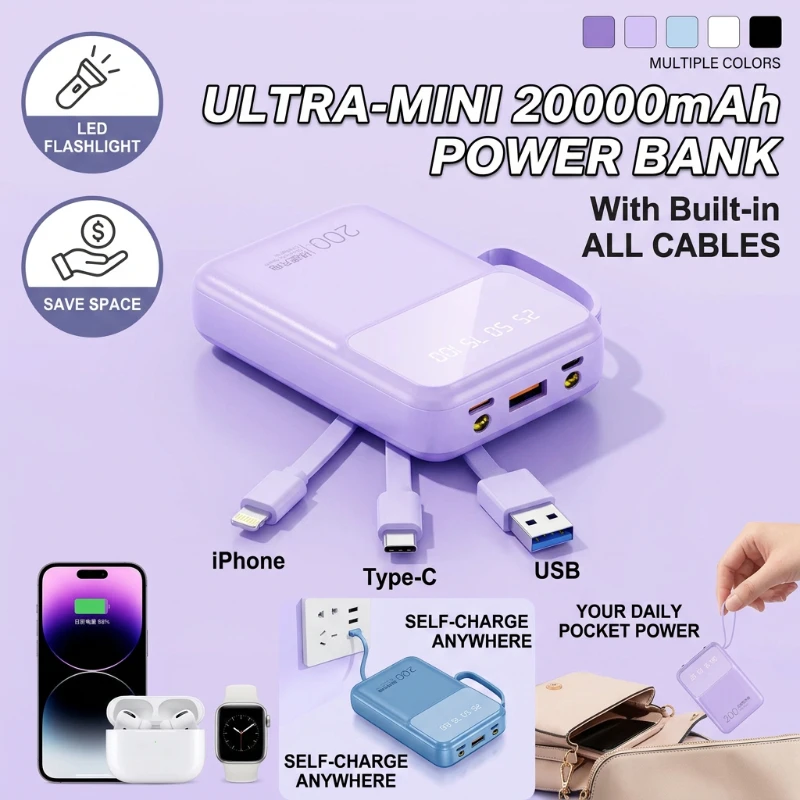 20000mAh Compact Mini Powerbank Built-in USB-C Cable LED Flashlight Portable External Battery Charger for iPhone Samsung Huawei