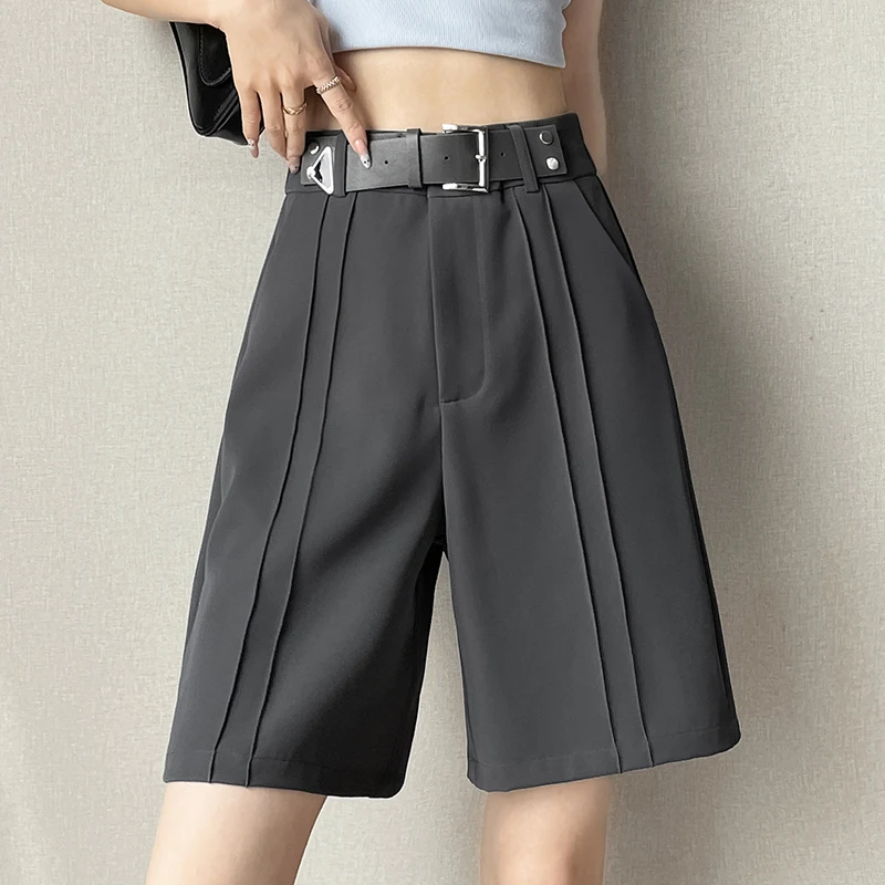 

Korean Fashion Women's Summer Dressy Casual Elastic Waist Wide Leg Suit Tailored Shorts Comfy Elagant Work Trouser Shorts Belt