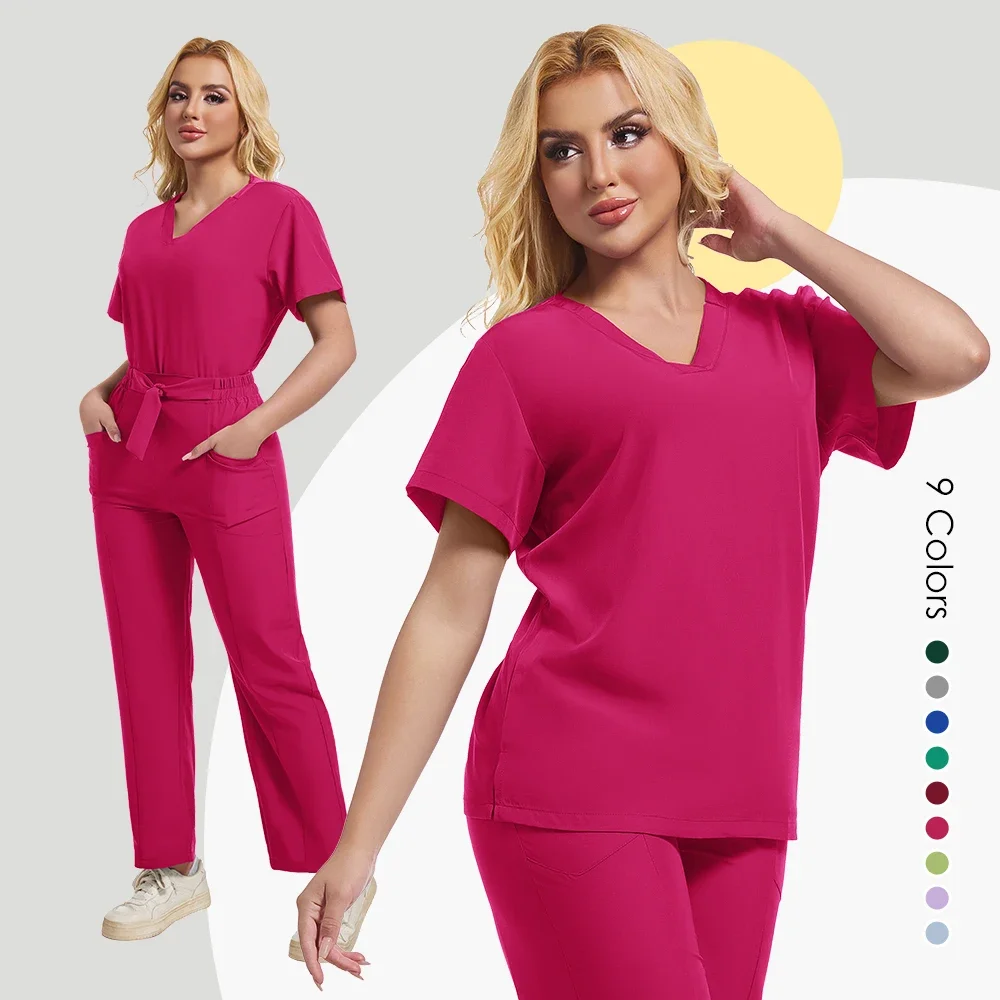 Nouvelle chemise à manches courtes à col en v + pantalons de sport pour hommes et femmes, uniforme de travail pour le personnel médical d'hôpital, médecins dentaires, salon de beauté
