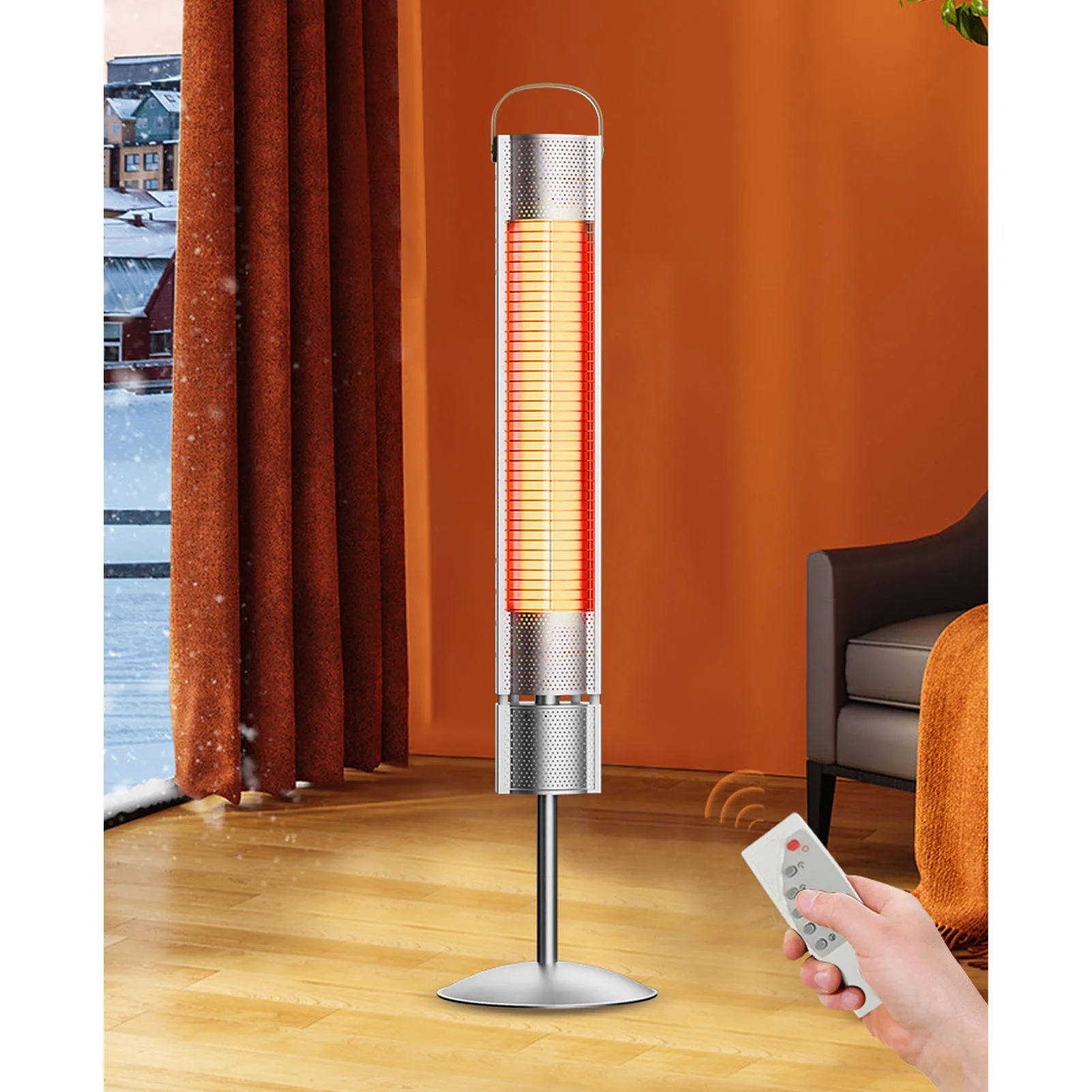 

Patio Heater High Power IP65 Waterproof Tip Over Protection Graphene Remote Control Vertical Outdoor Heater for Bathroom Indoor