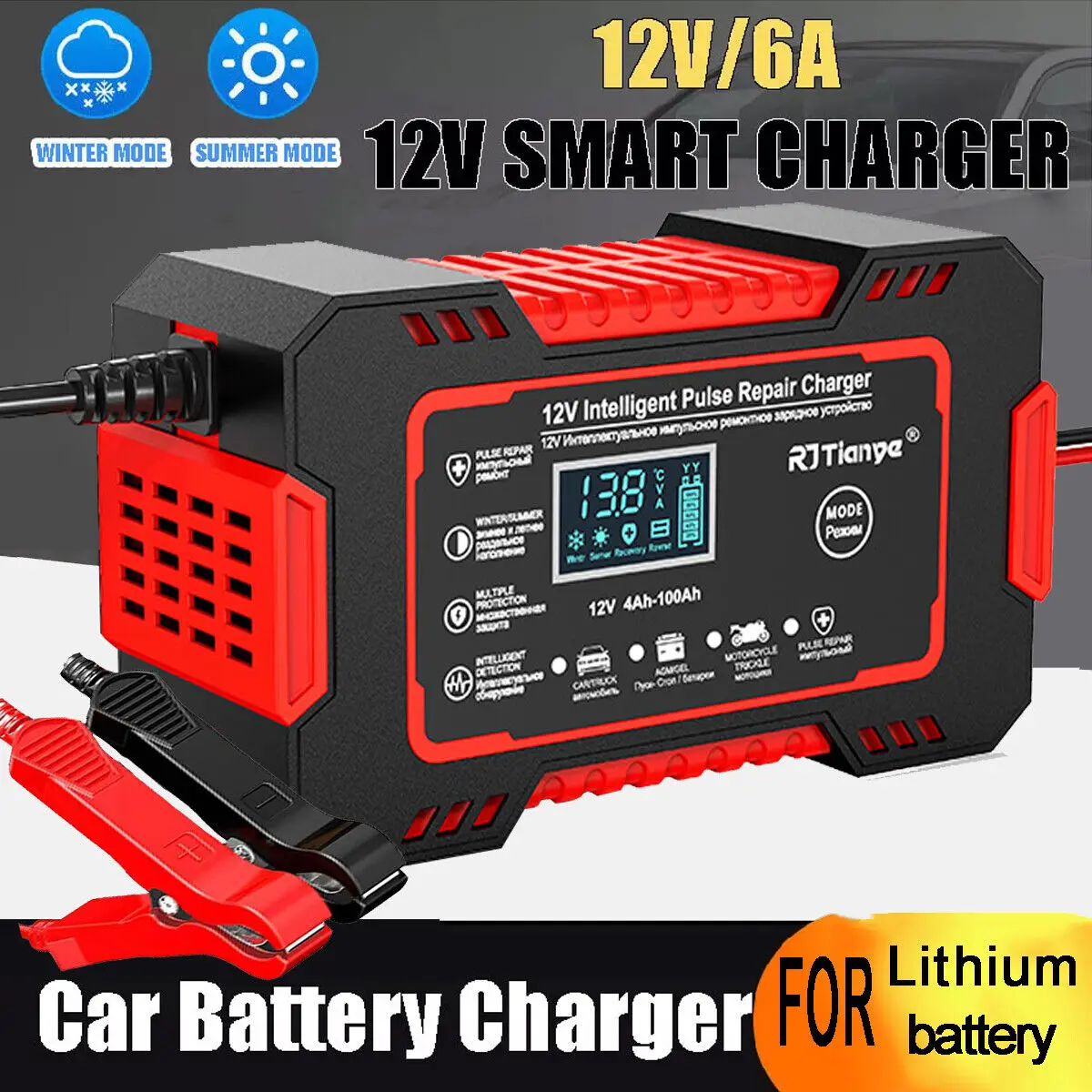 12V 6A Touch Screen Pulse Repair LCD Fast Charge Wet & Dry Lead Acid Digital LCD Display Car Battery Charger