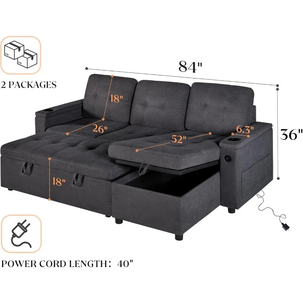 

Sleeper Sofa, Pull Out Couch Bed with USB Charging Port & Cup Holders, L-Shaped Sectional Sofa with Storage Chaise