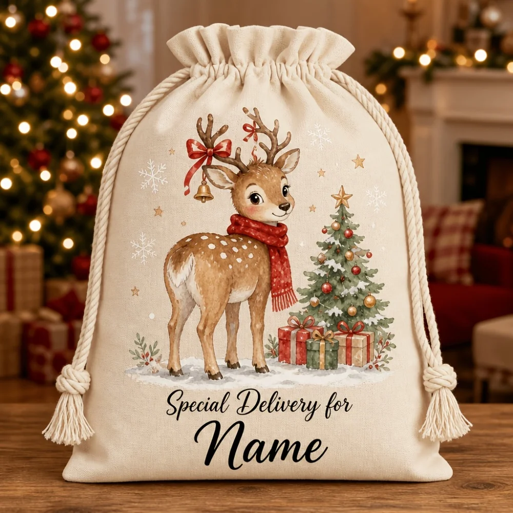 1Pc Christmas Custom Name/Text Imitation Hemp Gift Bag,Xmas Tree Reindeer Theme Drawstring Closure Storage Pouch,Party Candy Bag