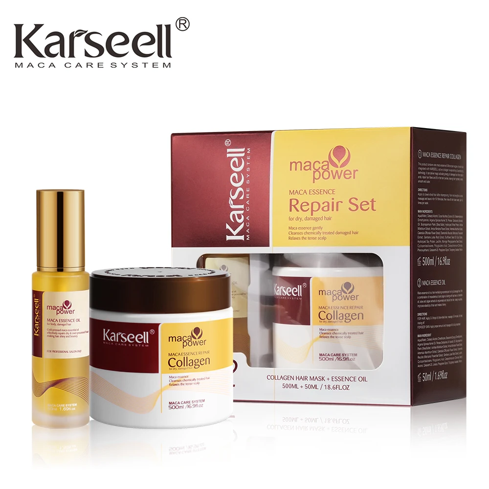 Karseell Hair Mask 500ml + Argan Oil 2pcs Set Deep Repair Conditioning Hair Serum Collagen Hair Treatment for Dry Damaged Hair