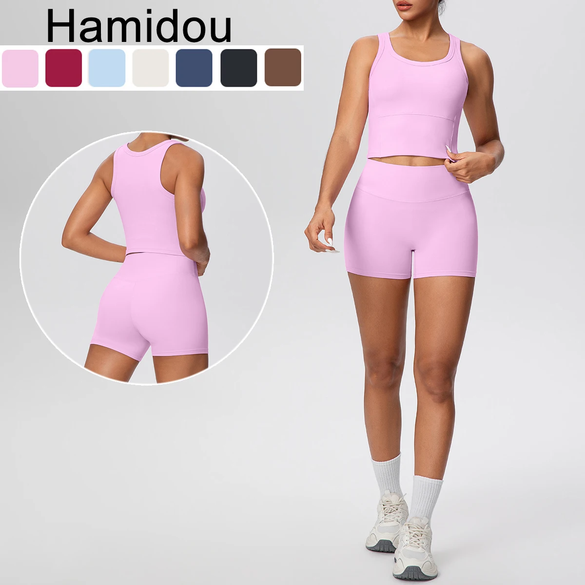 

2Pieces Scrunch Solid Color Sports Gym Yoga Set for Women Lifting Sports Hip Push Up Fitness Shorts Yoga Vest With Chest Pad Set