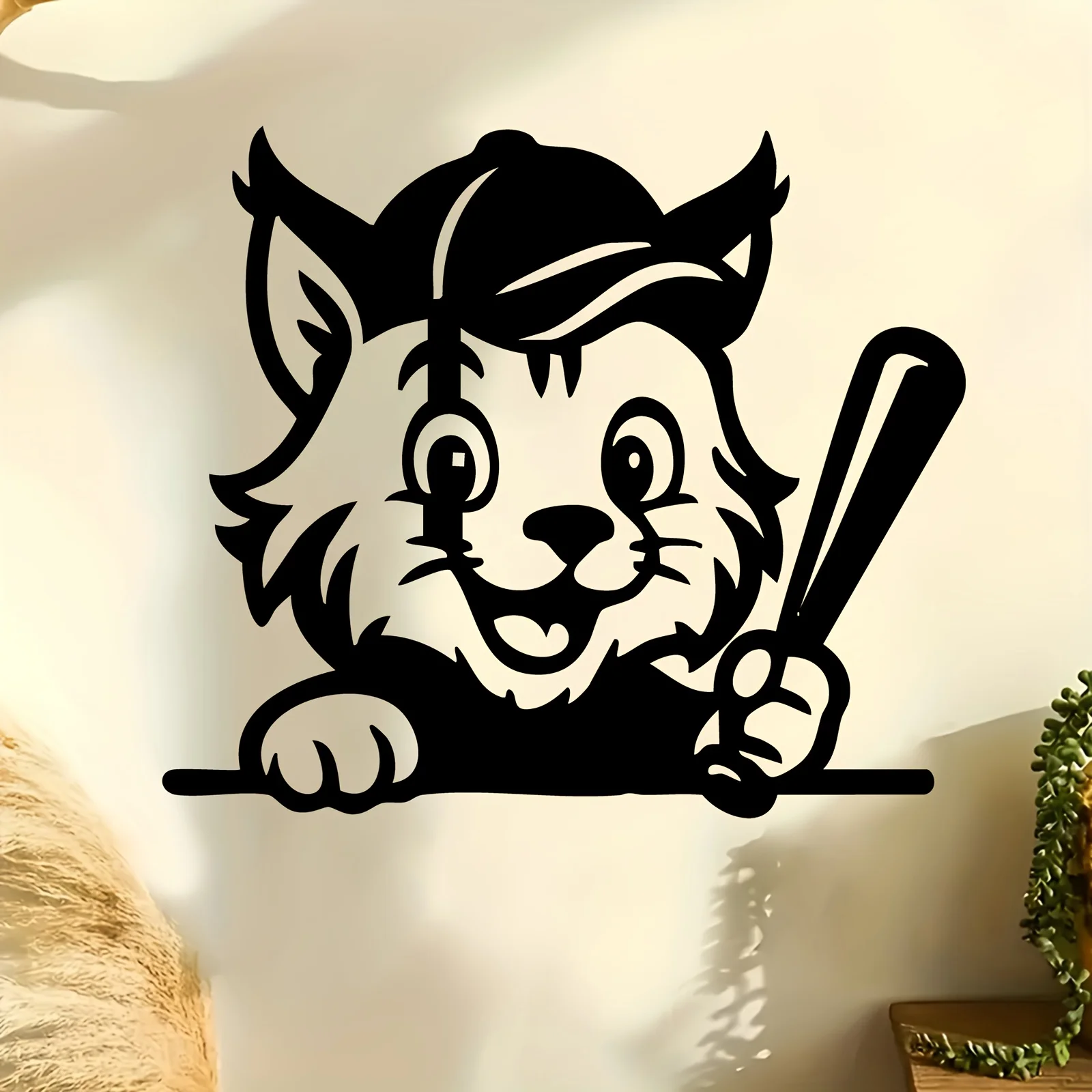 Baseball Cat Iron Wall Sculpture, Weather‑Resistant Patio & Garden Wall Ornament, Ideal Holiday Gift for Pet and Sports Lovers