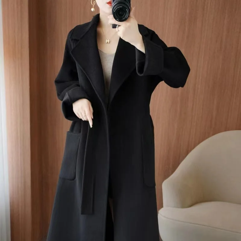 2024 Women\'s Wear 100% Wool Coat Autumn/Winter Fashion Temperament Double sided Cashmere Coats with Belt Elegant Long Overcoat