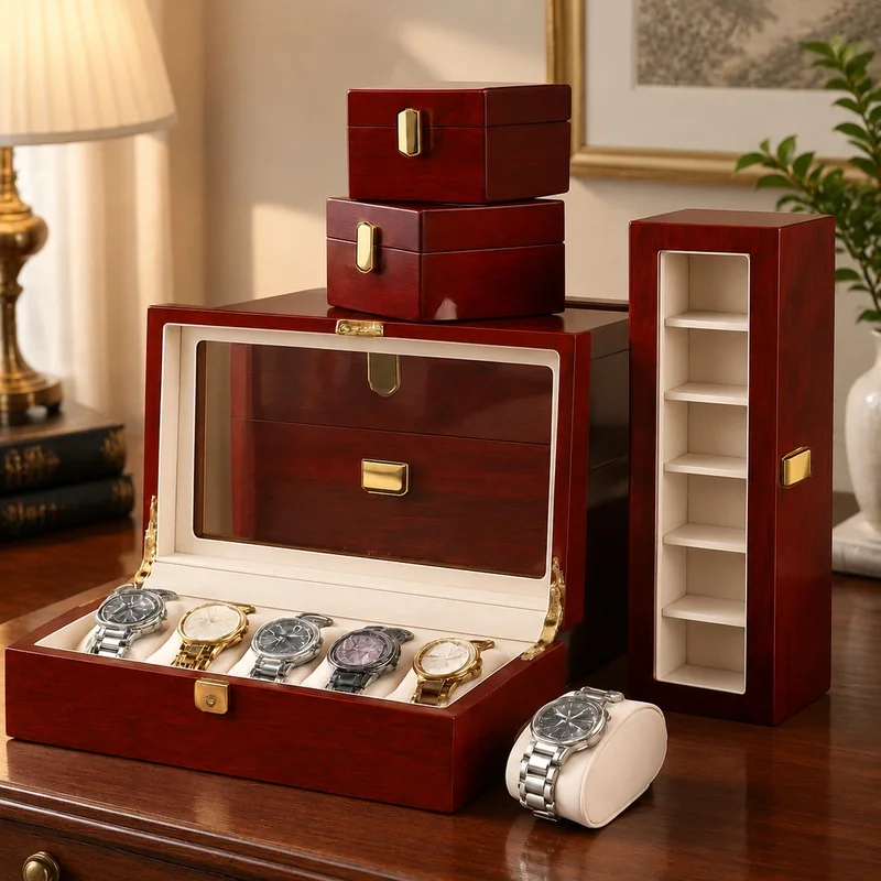 Wooden Jewelry and Watch Organizer with Multiple Compartments, 1-12 Slot Storage Box for Men and Women