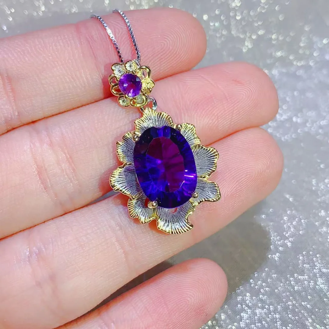 Large Particle Design Model Natural Amethyst Pendant S925 Silver Shining Purple Gemstone Decorative Jewelry