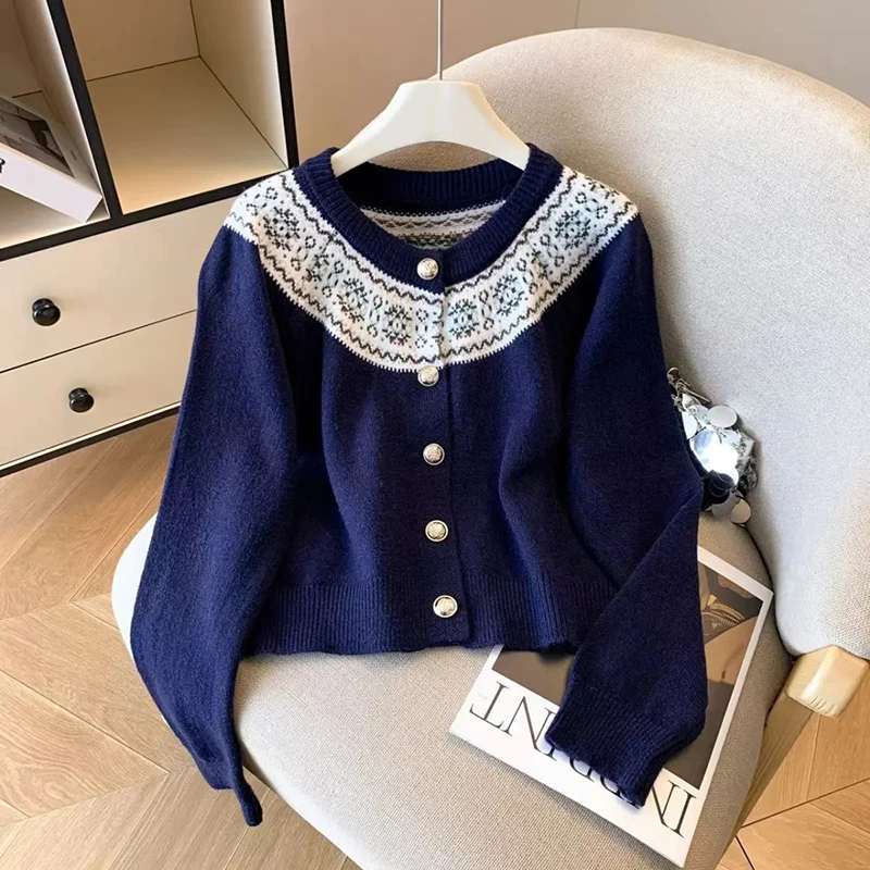 

Vintage Jacquard Knit Cardigan Women Button Sweet Long Sleeve O Neck Sweater Korean Print Loose Casual Autumn Winter Outwear New