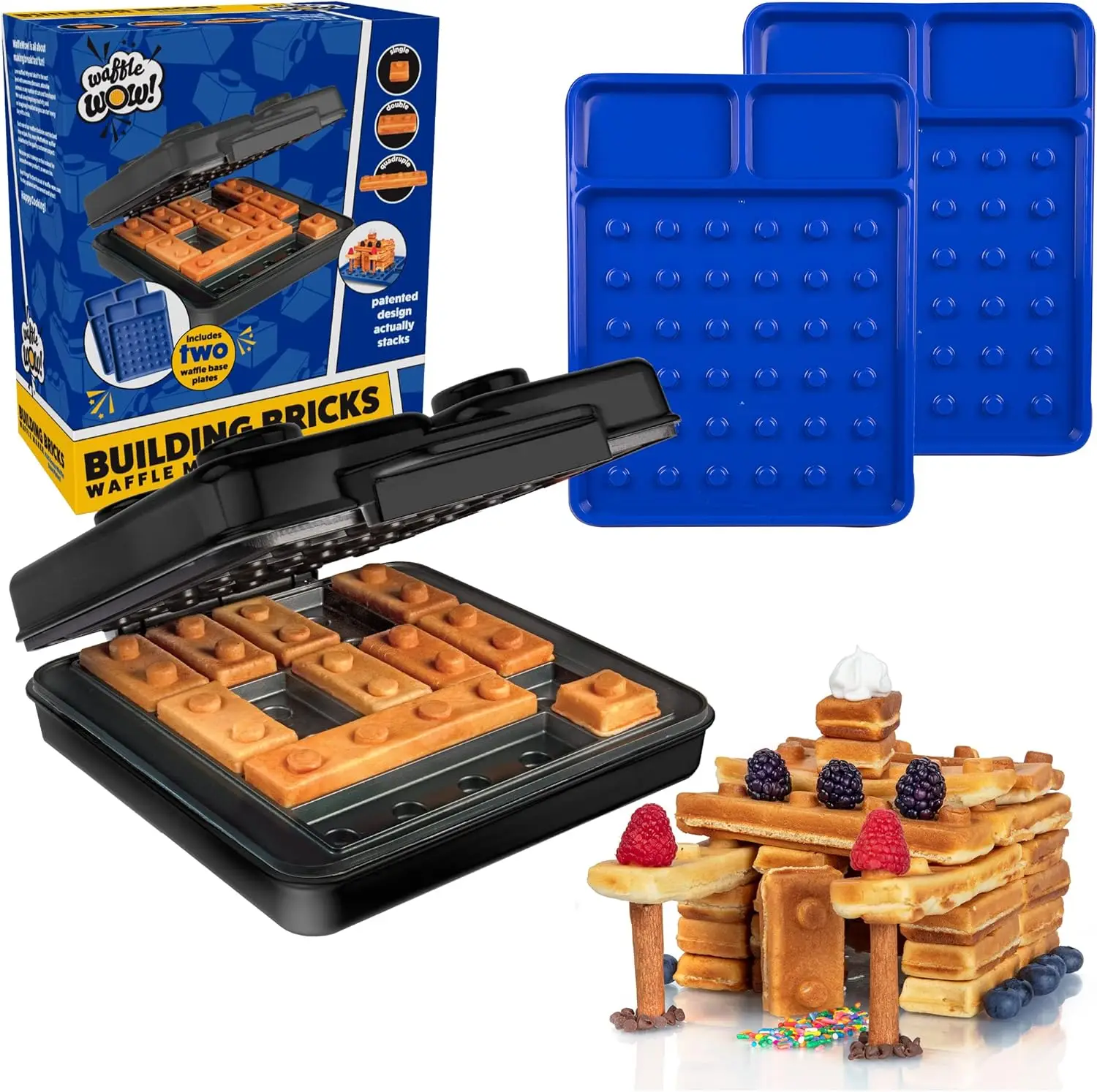 

Fun Brick Waffle Maker with 14 Shapes, Build Houses & Cars for Creative Breakfasts, Dishwasher-Safe Plates